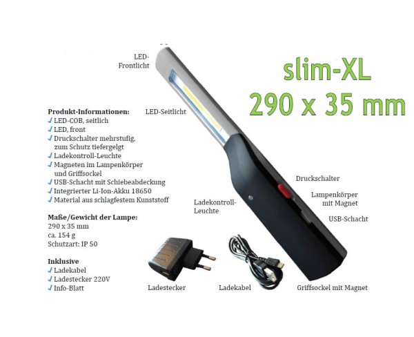 LED Akku-Handleuchte | mit Ladestecker und USB Kabel | Front- und Seitenlicht | IP50 "slim-XL"