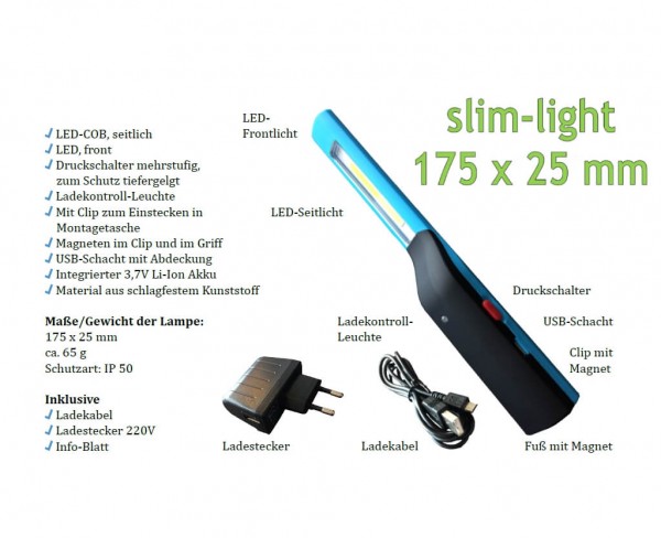 LED Akku-Handleuchte | mit Ladestecker und USB Kabel | Front- und Seitenlicht | IP50 "slim-light"