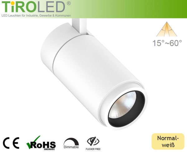 LED 3-Phasen Schienenleuchte | 30 Watt | 4000 K (normalweiß) | max. 2600 lm | dimmbar | 15°-60° Zoom