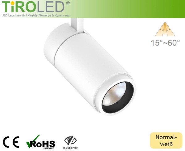 LED 3-Phasen Schienenleuchte | 15 Watt | 4000 K (normalweiß) | max. 1300 lm | 15°-60° Zoom | "Vario