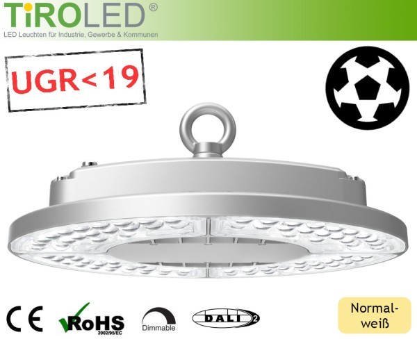 150 Watt LED Hallenleuchte | ballwurfsicher | DALI | UGR19 | 90° Abstrahlwinkel | xxx lm | 4000 K |