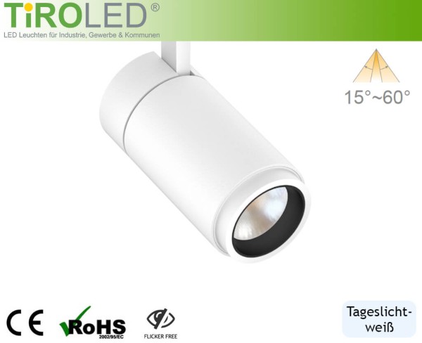 LED 3-Phasen Schienenleuchte | 15 Watt | 5000 K (tageslichtweiß) | max. 1300 lm | 15°-60° Zoom | "Va
