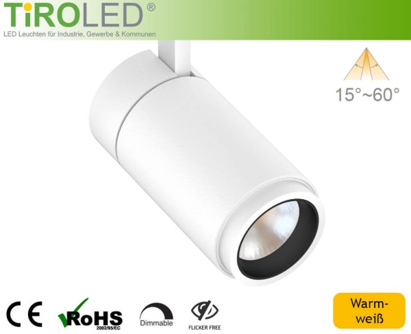 LED 3-Phasen Schienenleuchte | 30 Watt | 2700 K (warmweiß) | max. 2600 lm | dimmbar | 15°-60° Zoom |