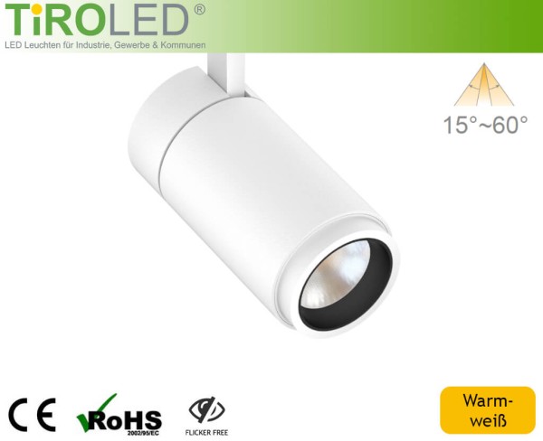 LED 3-Phasen Schienenleuchte | 15 Watt | 2700 K (warmweiß) | max. 1300 lm | 15°-60° Zoom | "Vario 3"